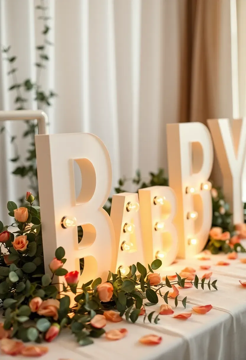 illuminated marquee letter light spelling BABY surrounded by flowers and greenery on a baby shower display table