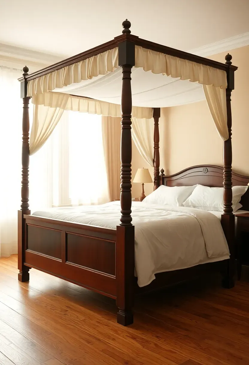 four-poster canopy bed with turned posts and white linen drapes in a colonial bedroom