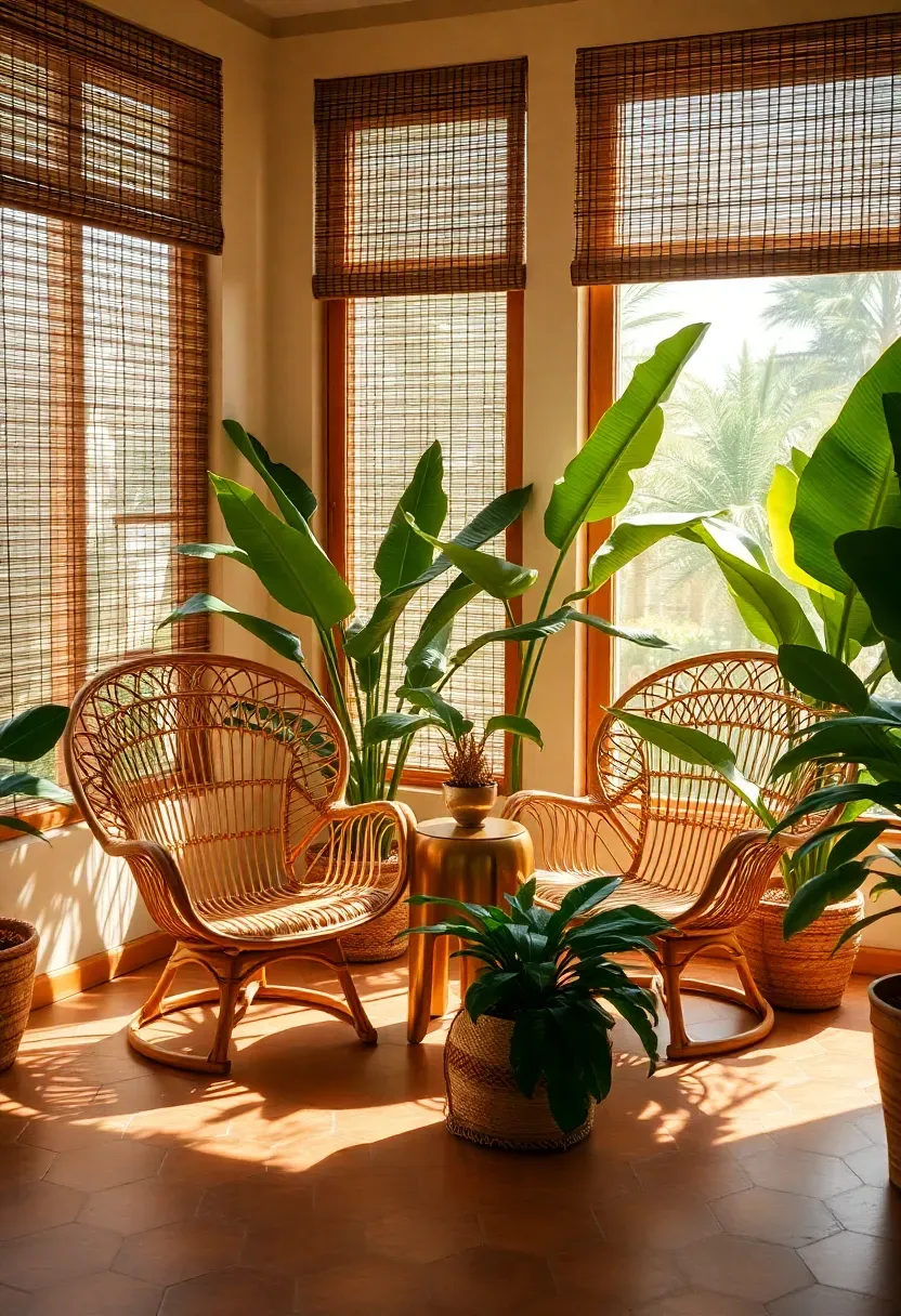 Tropical sunroom with rattan peacock chairs, banana leaf plants, terracotta floor tiles, and bamboo roller blinds filtering warm afternoon light