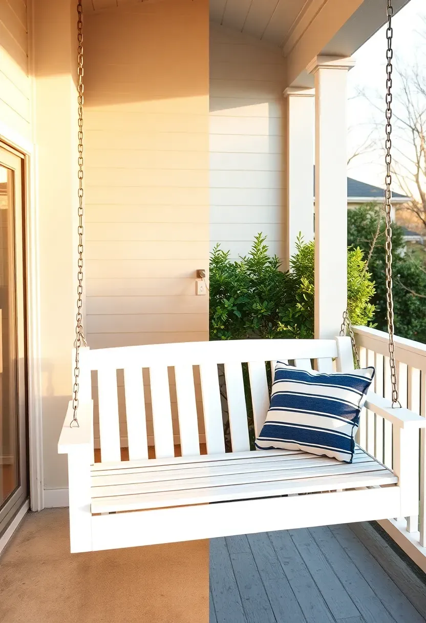 Before showing bare ranch porch corner and after showing a white wooden porch swing hung with heavy chain, with blue outdoor cushions and a throw pillow