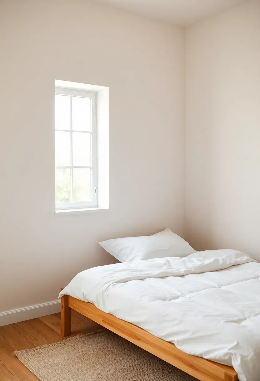 Hyper-realistic corner view of a minimalist boho bedroom with one wall painted in soft terracotta while other walls remain white. Materials: matte paint finish, light wood bed frame, white linen bedding. Natural light from window showing contrast between warm accent wall and crisp white walls. Minimalist decor with edited furniture. No text, no logos, no watermarks.</p>