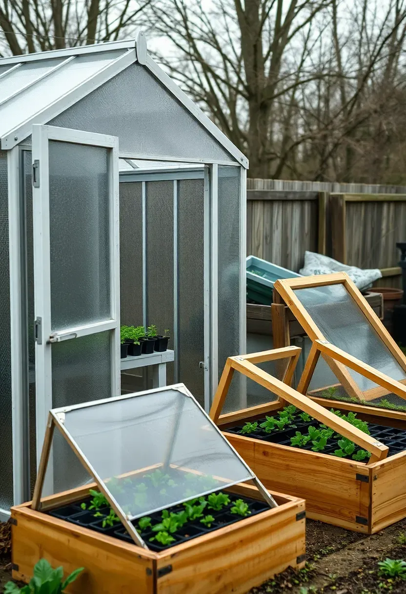 Small greenhouse structure next to cold frame boxes in a backyard vegetable garden with seedlings visible inside during early spring