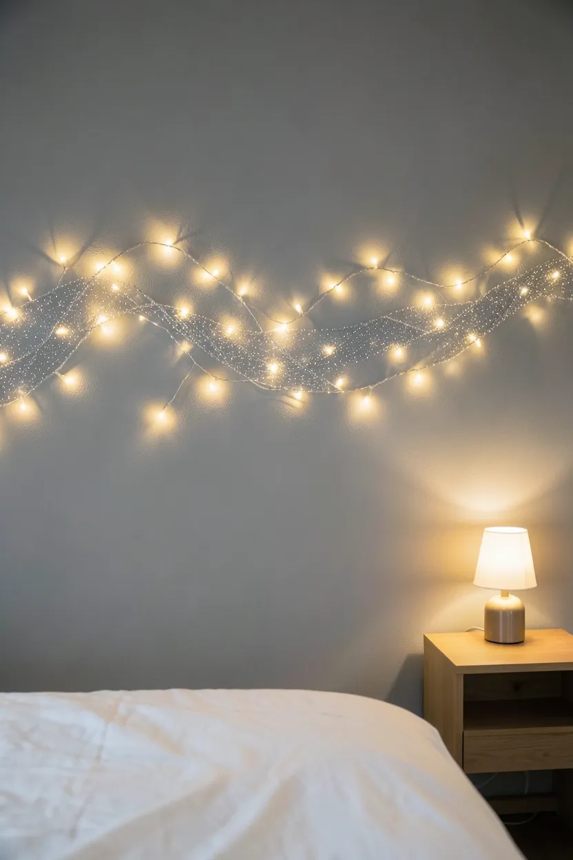 Hyper-realistic eye-level photograph of a bedroom wall with an abstract wave design created with warm white fairy lights. Grey wall background, bed with white linen visible at bottom edge, wooden nightstand with small lamp. Soft room lighting. Materials: warm LED lights, painted wall, white bedding. Modern artistic mood. Shallow depth of field, sharp details on light pattern and wall texture. No text, no logos, no watermarks.</p>