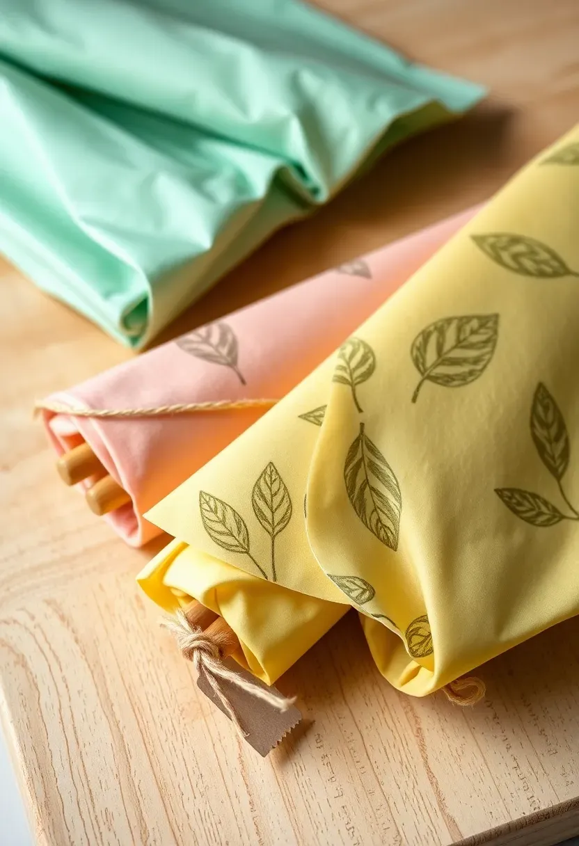 folded beeswax food wraps in pastel colors with botanical prints on a wooden cutting board