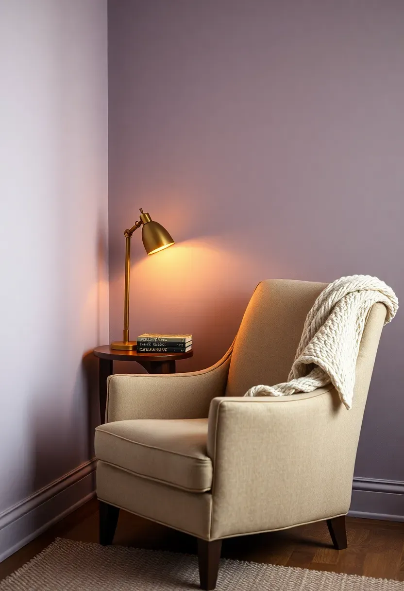 cozy reading nook painted in soft dried lavender with an upholstered armchair and stack of books