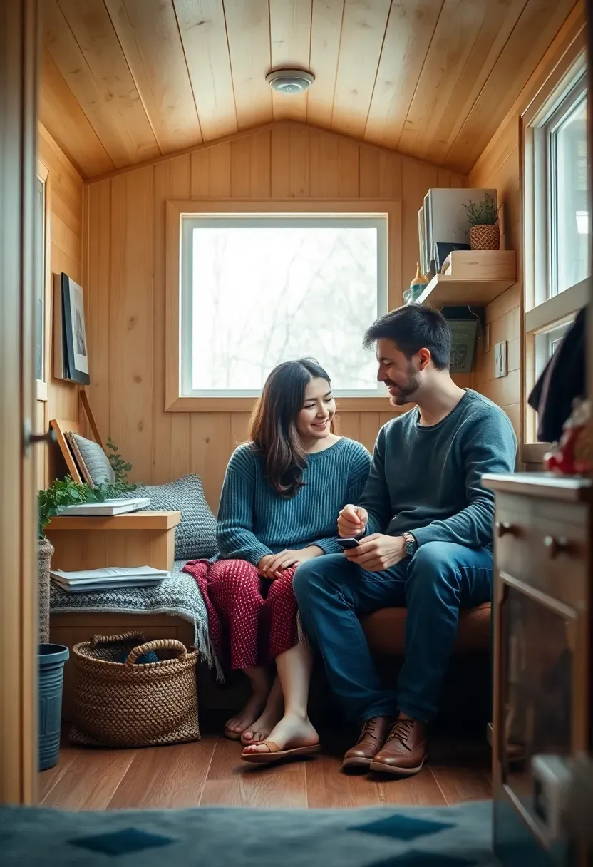 Hyper-realistic 3/4 view of a tiny house interior showing a couple in close proximity doing different activities, illustrating the space constraints on privacy and personal space. Materials: light wood finishes, textiles, personal items visible. Natural interior lighting showing daily life in close quarters. Intimate proximity mood with visible lack of privacy and personal space. Shallow depth of field, sharp relationship details, realistic constraint composition. No text, no logos, no watermarks.</p>