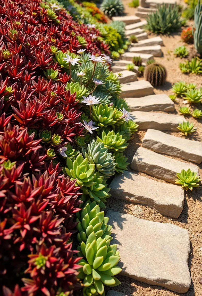A sloped backyard ground cover of spreading succulents like sedum and ice plant in greens, reds, and purples, between stepping stones on a sunny hillside
