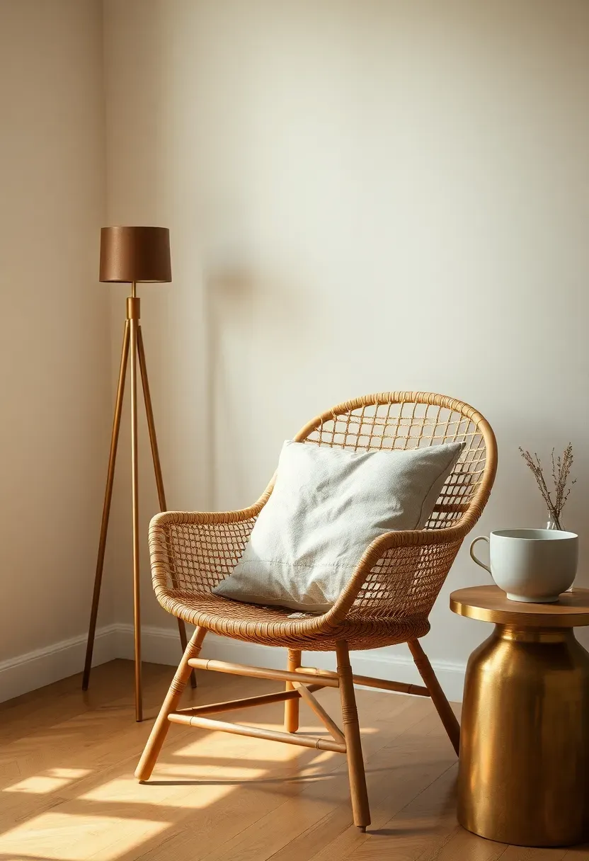 Cane reading chair tucked into a corner