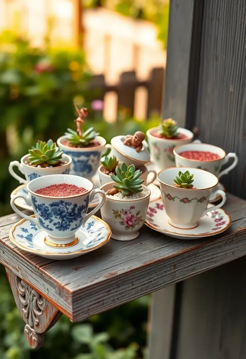 A collection of vintage teacups and saucers repurposed as fairy garden planters, each containing tiny succulents, miniature fairy figures, and decorative pebbles arranged on a garden shelf