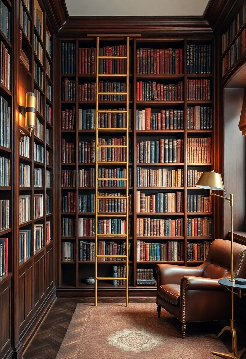 Hyper-realistic 3/4 view of a library wall with a sliding ladder on a brass track system. Floor-to-ceiling dark walnut shelves filled with books arranged by color, with brass hardware and ladder with curved handle. A leather club chair sits nearby with a floor lamp. Materials: walnut wood, solid brass ladder and hardware, leather chair, brass lamp. Warm ambient lighting from library wall sconces, highlighting brass and wood tones. Classic library mood like a traditional study. Sharp details, ladder on track visible, brass reflections, no clutter.</p>