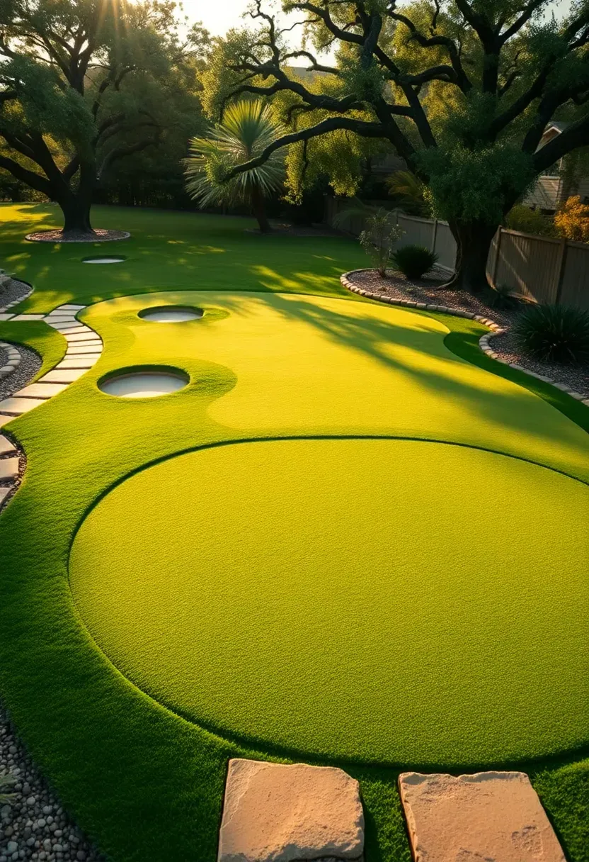 Large backyard putting green with three holes and rolling contours set among trees and stone pathways