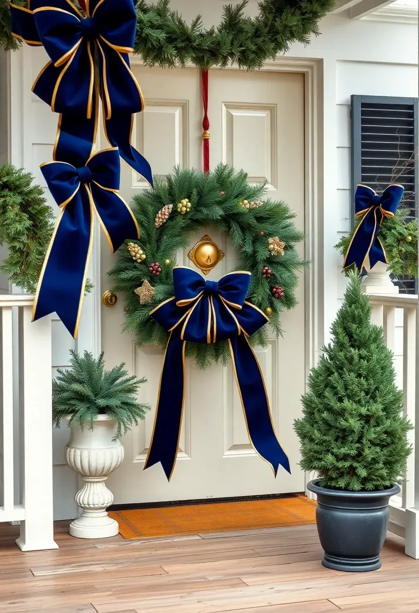 Hyper-realistic 3/4 view of a ribbon-accented front porch Christmas display. Materials: abundant navy blue and gold wire-edged velvet ribbons tied into dramatic bows on a fresh wreath, cascading through porch railings, and streaming from planter boxes. Simple greenery provides the base—fresh pine garlands and two potted cypress trees. Cream front door with gold knocker. Soft diffuse daylight (5500K), painted wood porch floor, white colonial exterior with black shutters. Elegant polished mood like luxury department store holiday display. Shallow depth of field, sharp details on velvet texture and gold sheen, ribbon-focused composition. No text, no logos, no watermarks.</p>