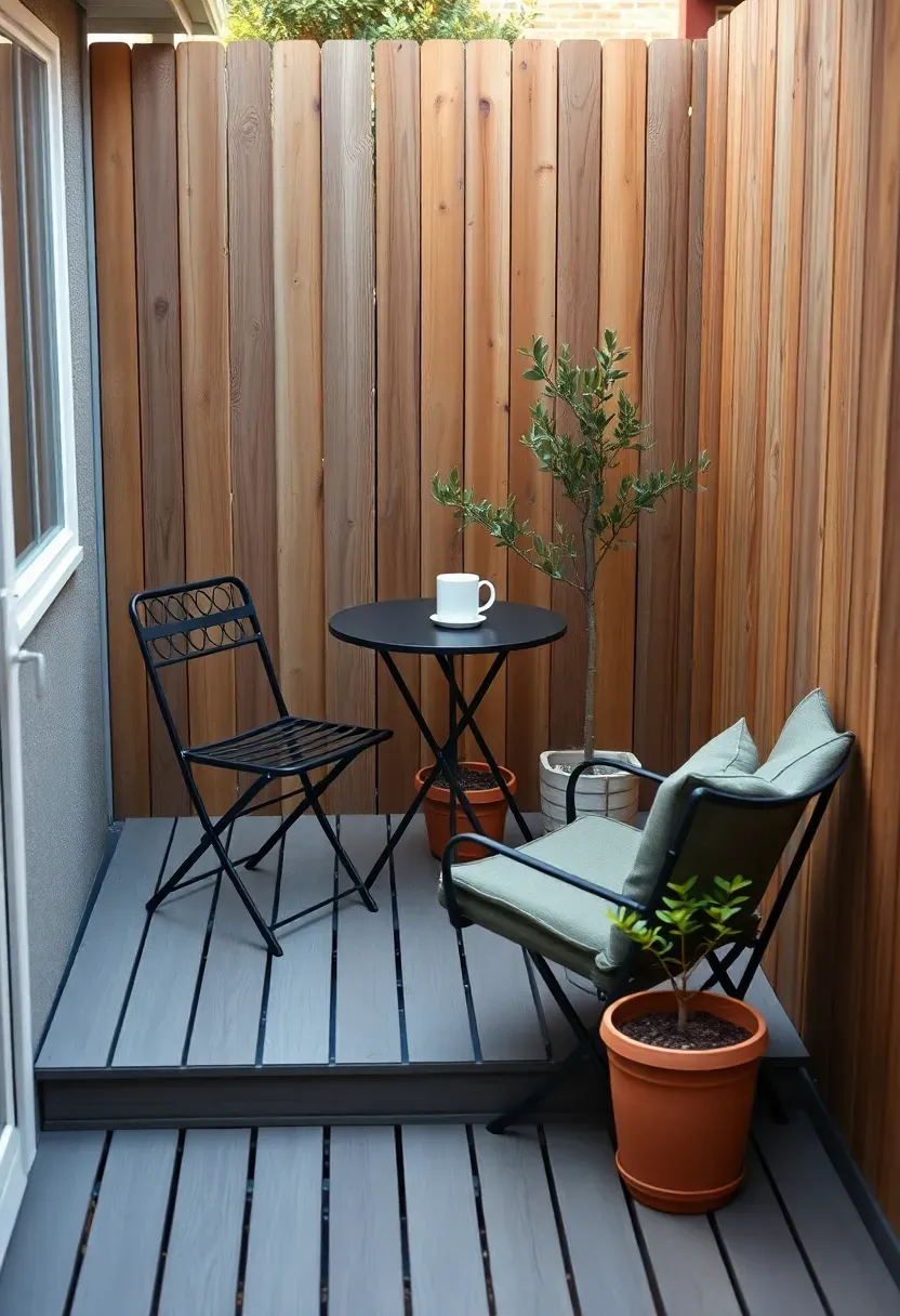 Compact two-tier deck in a small urban backyard with the upper level just large enough for a bistro table and two chairs stepping down to a tiny lower lounge
