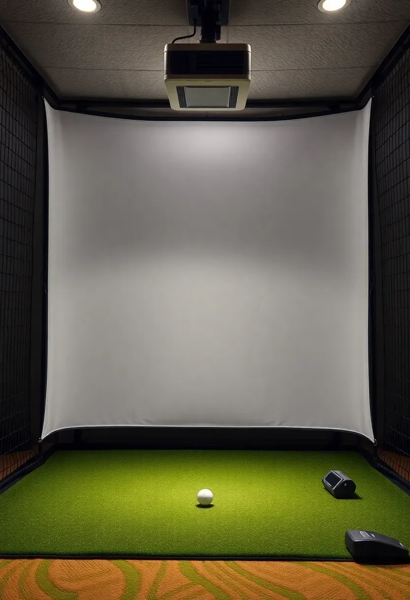 golf simulator enclosure in a basement with impact screen projector and launch monitor on a hitting mat