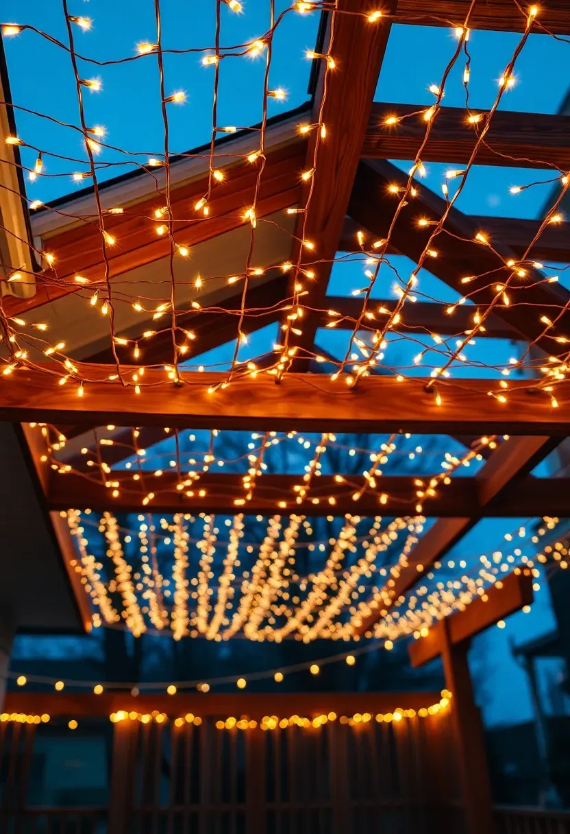 Backyard patio covered with a dense canopy of warm fairy lights creating a glowing ceiling at twilight for a teen party
