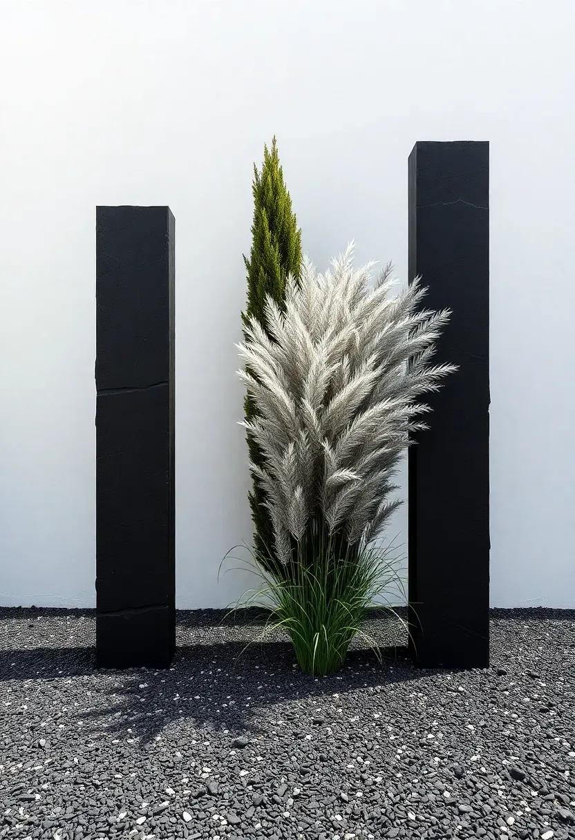 Contemporary garden design with angular black basalt columns, fine black gravel, architectural spiky phormium, and a single large ornamental grass in a geometric layout