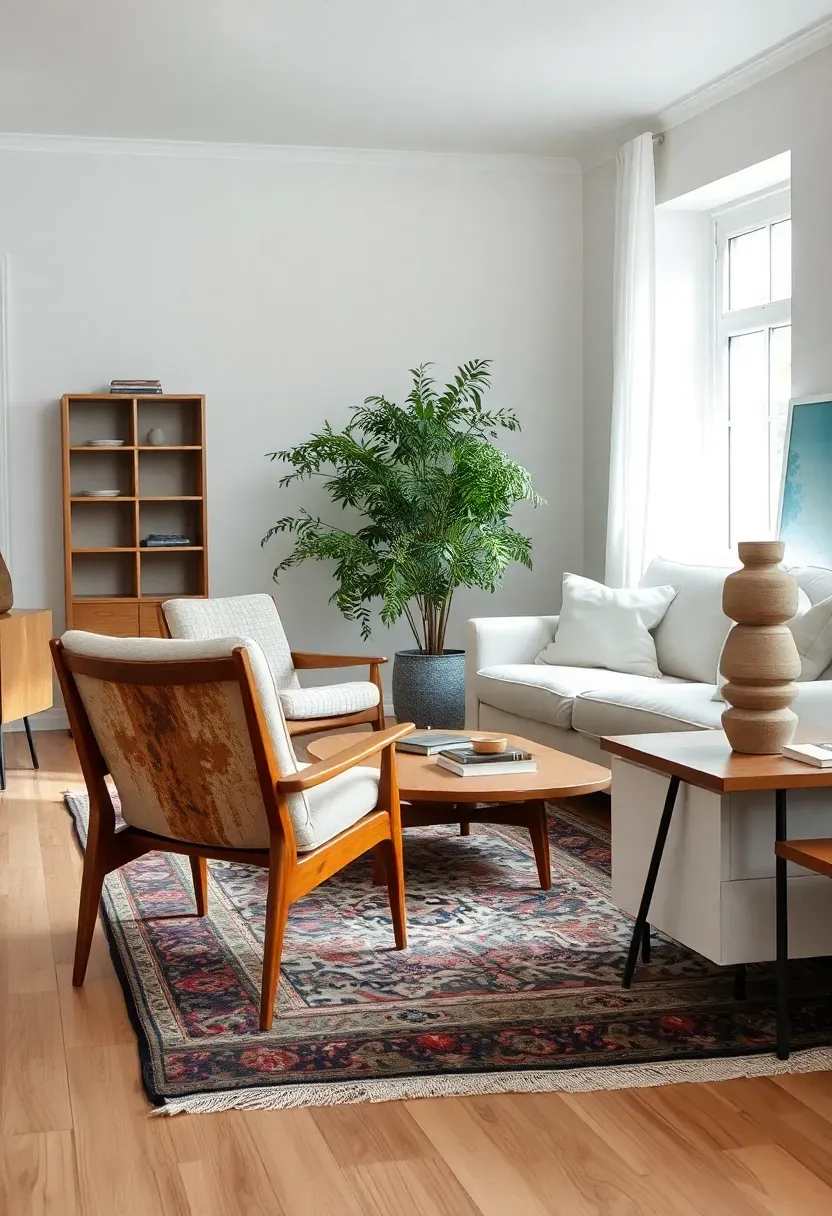 Hyper-realistic view of Scandinavian room mixing vintage and modern elements. 1950s Danish teak chair with patina alongside contemporary white linen sofa, vintage Persian rug with muted colors under modern coffee table, mid-century ceramic lamp on new side table. White walls, light oak floor. Cohesion through consistent light wood tones and neutral palette. Mix of eras visible but harmonious. Soft natural light showing how old and new pieces complement each other. Vintage-modern balance mood showing authentic collected feel rather than showroom perfection.</p>