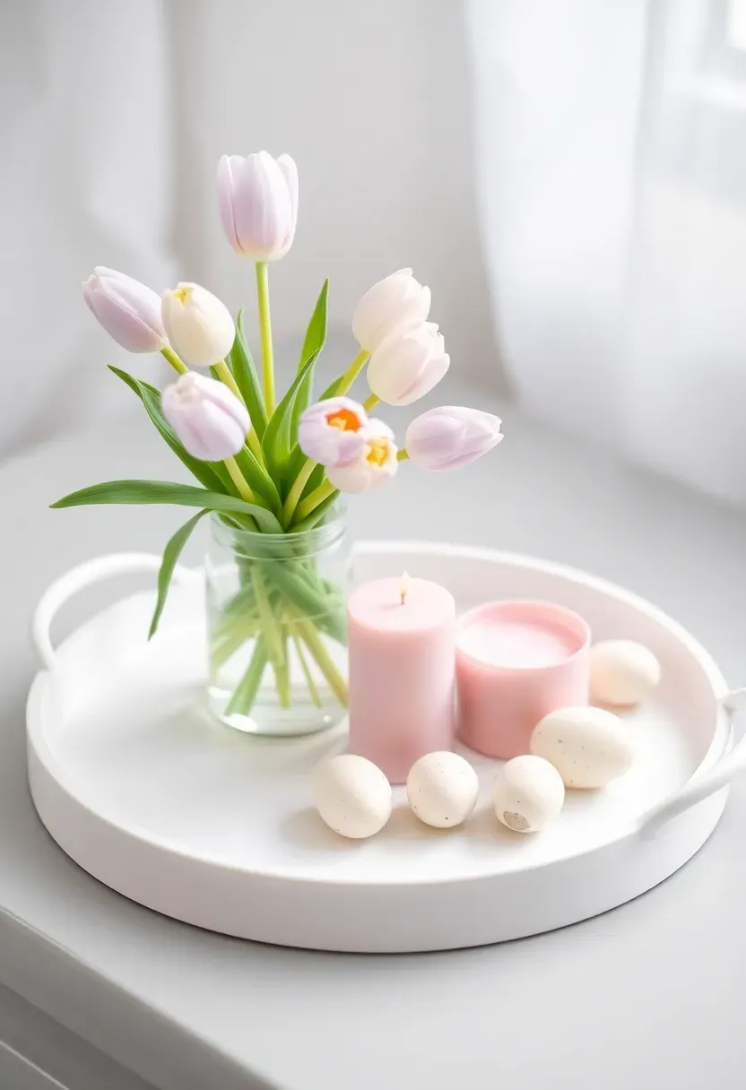 Small round white ceramic tray on bathroom vanity with a foaming hand soap pump, glass lotion bottle, and tiny air plant beside a brushed nickel faucet