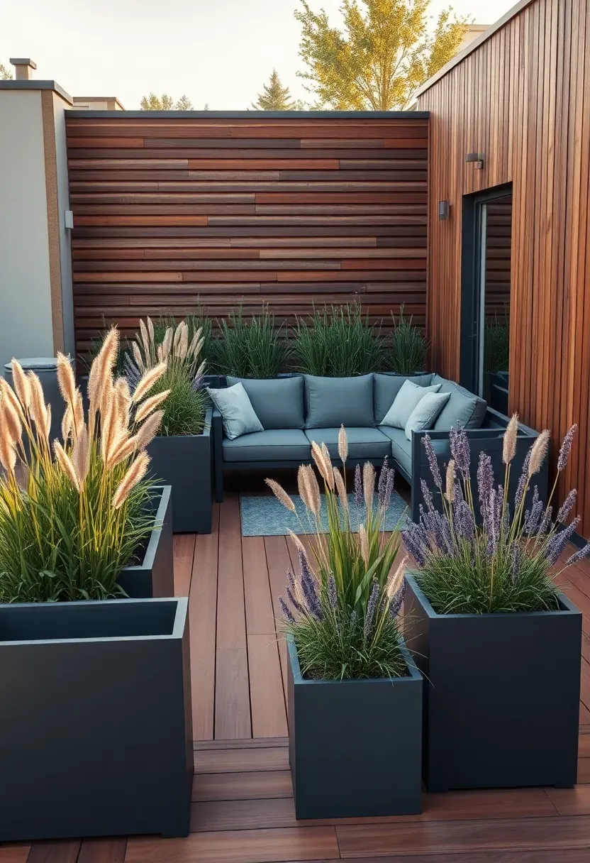 rooftop-style back deck with large rectangular planter boxes filled with ornamental grasses and lavender, modular outdoor furniture, and a privacy screen made of slatted wood panels