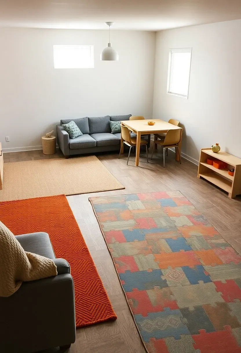 Basement divided into three zones using large area rugs in different colors and textures with a sectional sofa, dining table, and play area