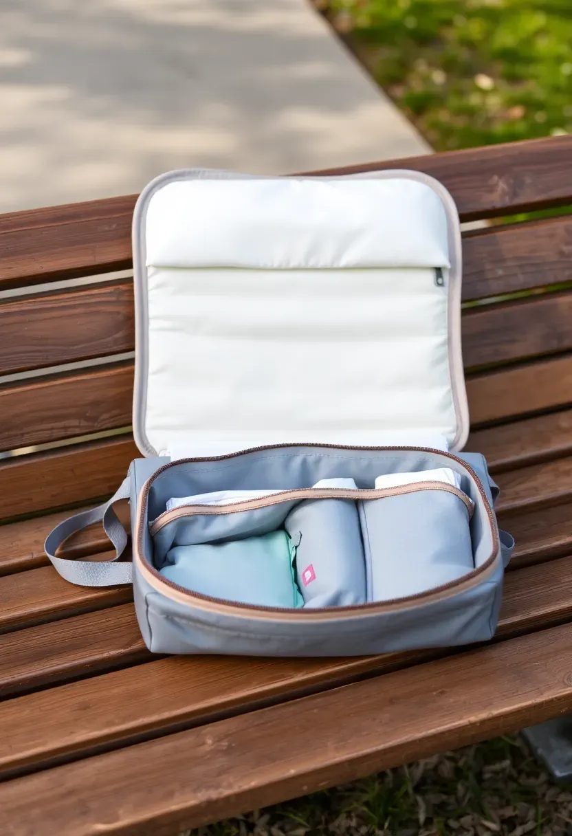 portable nappy changing kit unfolded on a park bench showing compartments and changing mat