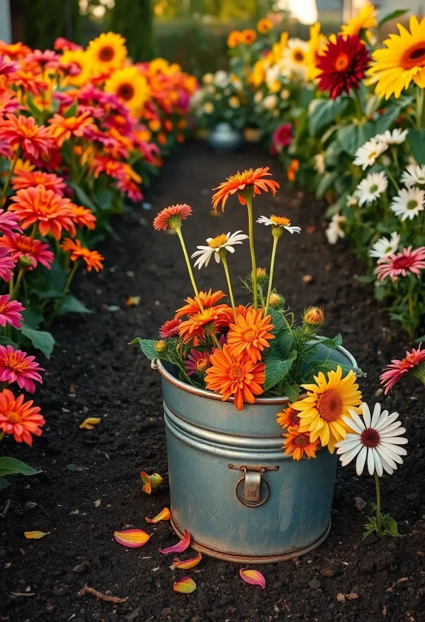 Rows of zinnias, dahlias, sunflowers, and cosmos growing in a backyard cut flower garden with a harvest bucket nearby