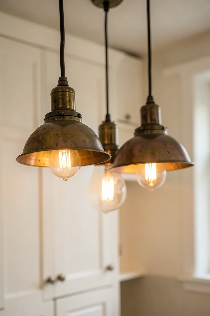 Farmhouse kitchen with aged brass pendant lights, iron cabinet hardware, and warm wood open shelving mixed together