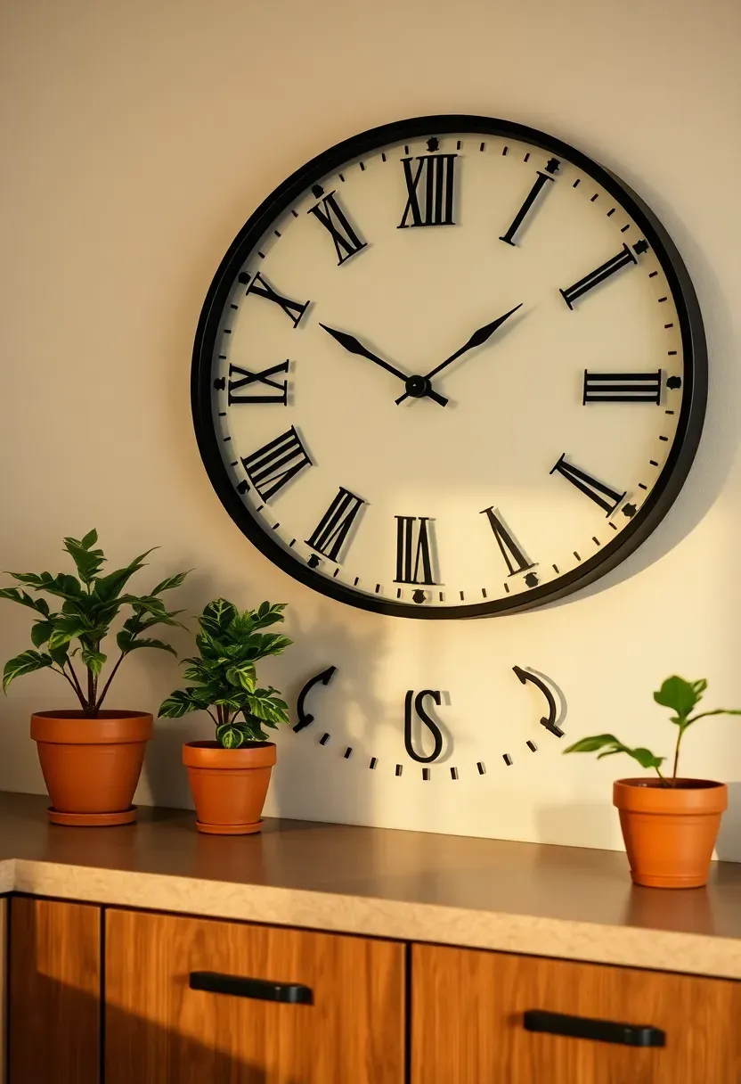 Oversized wall clock displayed above kitchen cabinets as a focal point