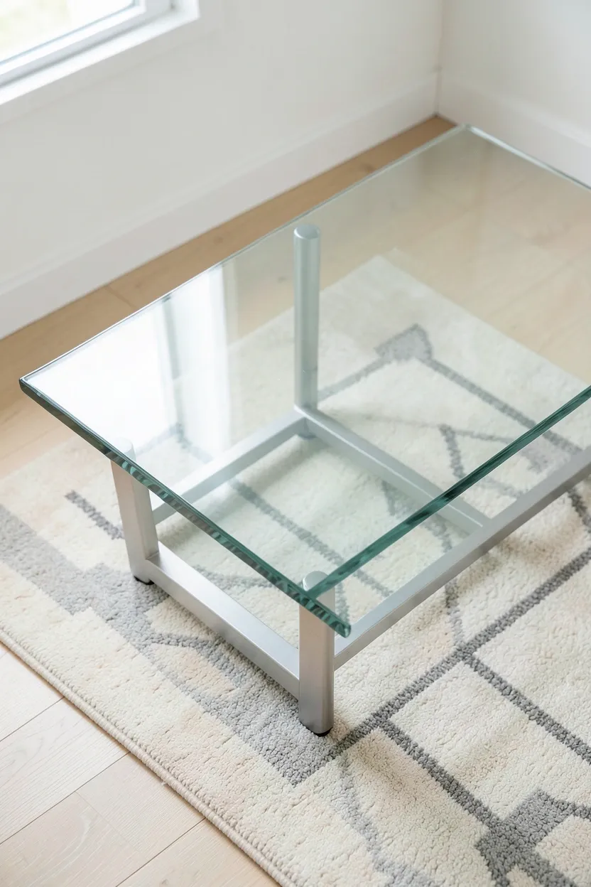 Minimalist glass-topped coffee table with thin metal legs in a tiny Nordic living room keeping floor space visually open