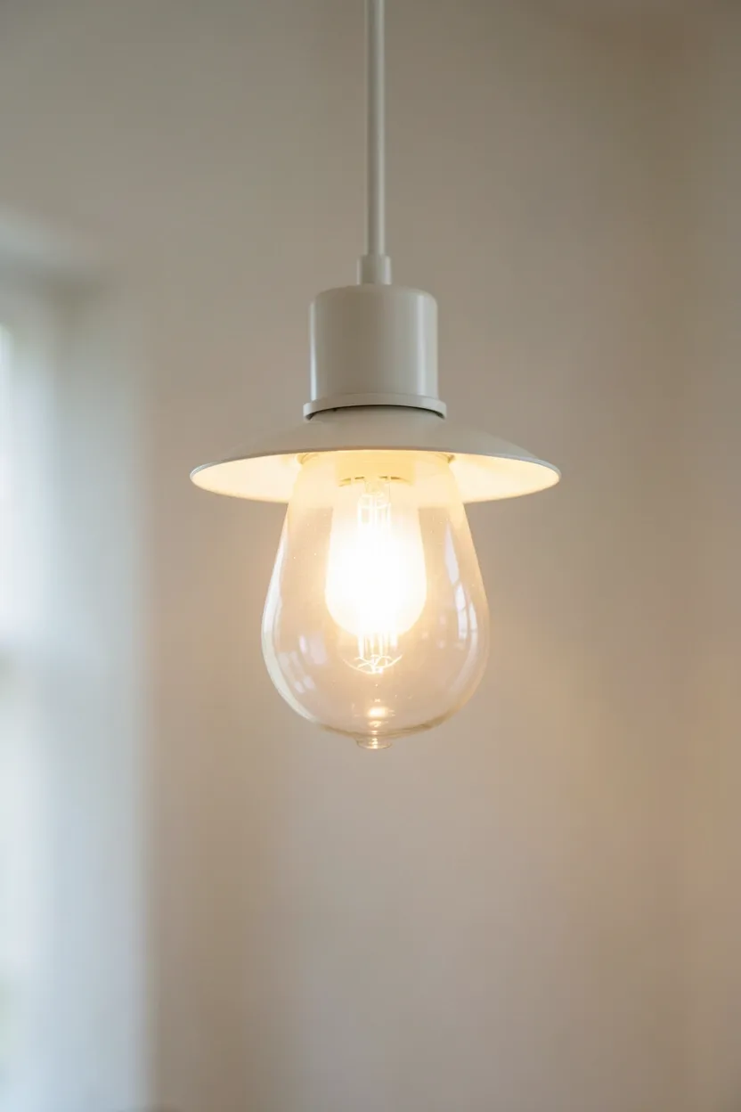 Fabric pendant light in cream casting warm ambient glow above a bed with neutral linen bedding