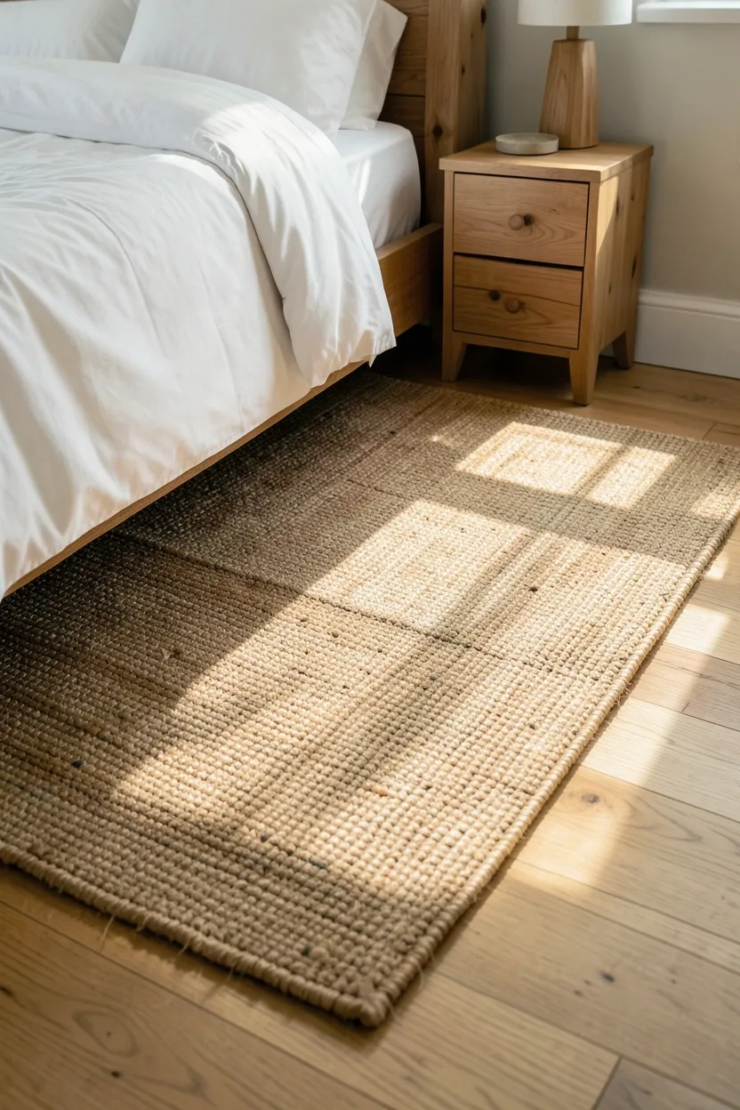 Hyper-realistic slightly elevated photograph of rustic bedroom floor showing natural jute area rug on light oak hardwood. Queen bed with white bedding partially visible, two wooden nightstands, morning light across rug highlighting weave texture. Materials: natural jute rug with visible weave pattern, light oak hardwood floor, white cotton bedding, pine nightstands. Natural morning light creating texture highlights, earthy organic atmosphere. Shallow depth of field, sharp details on rug weave and wood grain, balanced composition showing rug and room context. No text, no logos, no watermarks.</p>