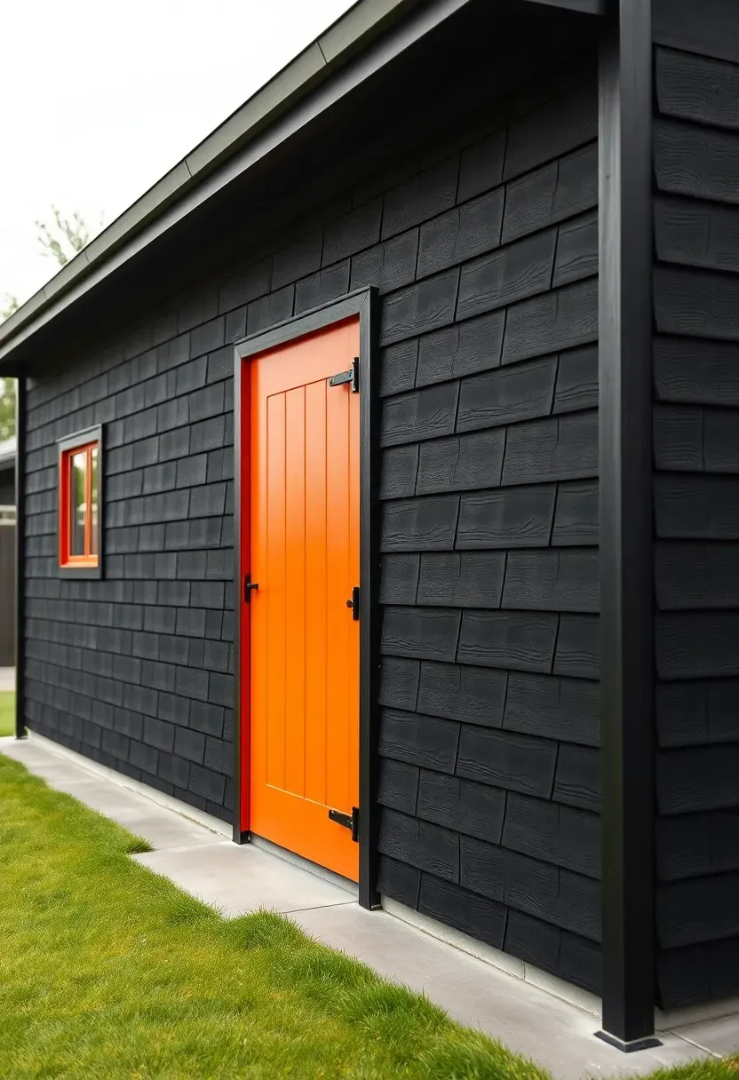 A dramatic blackened timber shed using the shou sugi ban charring technique with a matte black exterior and bright orange interior door