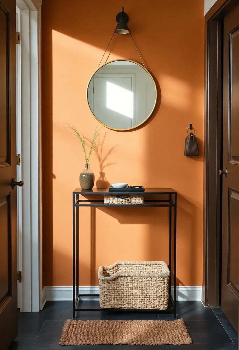 entryway with warm caramel accent wall behind a console table with a round mirror and a woven basket