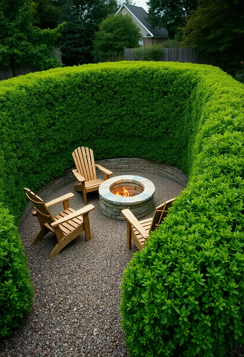 A fire pit with a low boxwood hedge planted in a semicircle acting as a windbreak in a backyard