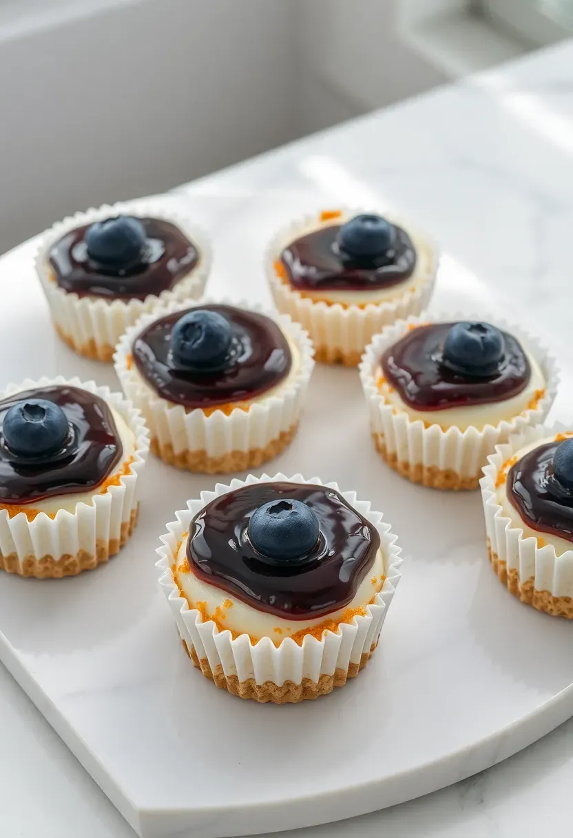 mini blueberry cheesecake bites with fresh blueberry compote on top, served in white paper cups on a marble tray