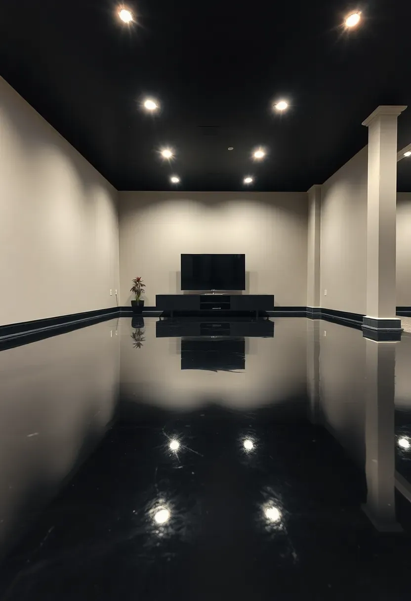 High-gloss black epoxy basement floor reflecting ceiling lights like a mirror in a modern minimalist entertainment space