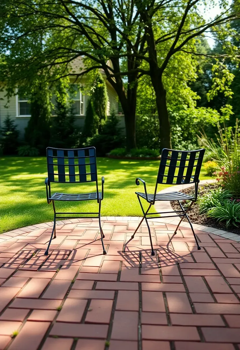 Running bond pattern paver patio with warm-toned brick pavers and simple metal outdoor chairs in a green backyard