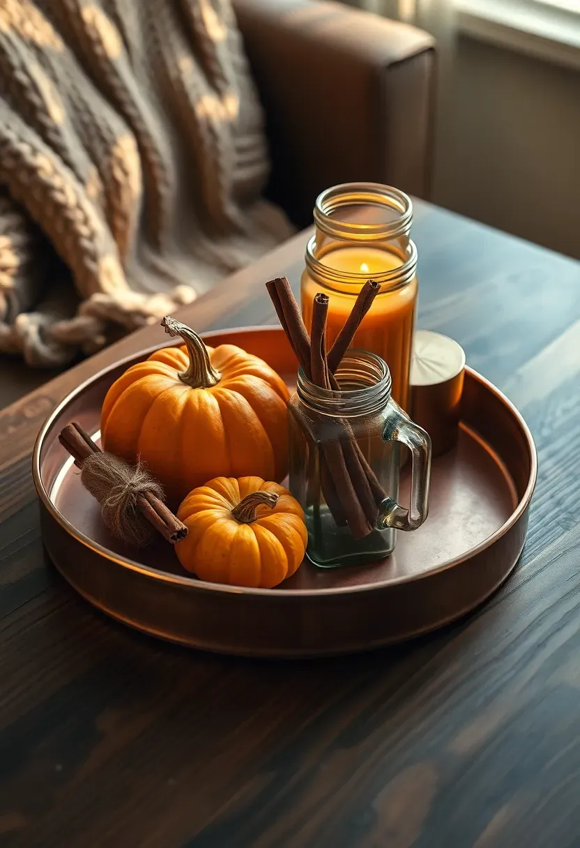 Autumn themed round tray with small pumpkins cinnamon sticks and amber glass candle