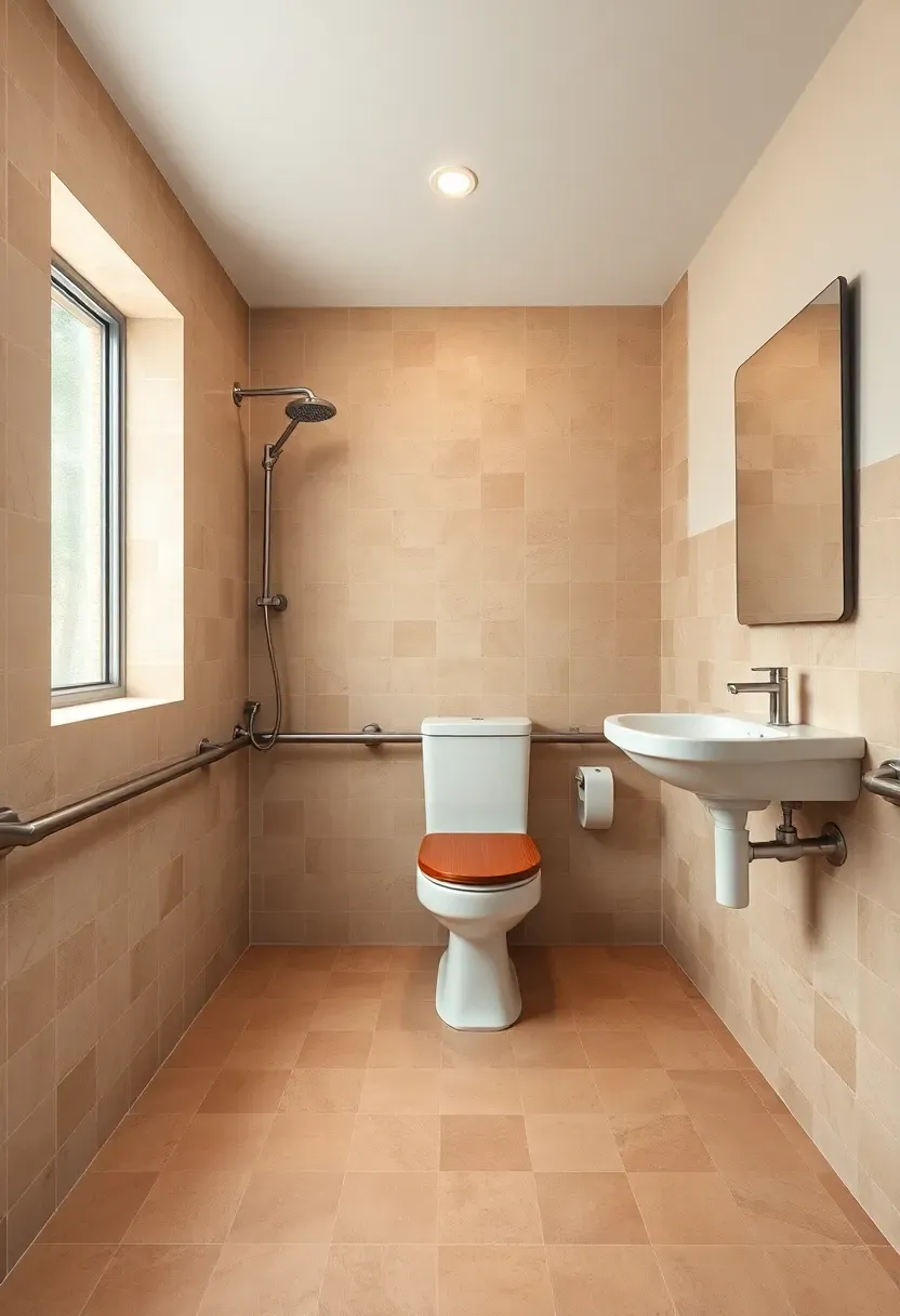 Accessible curbless shower bathroom layout with grab bars and wide clearances for wheelchair access