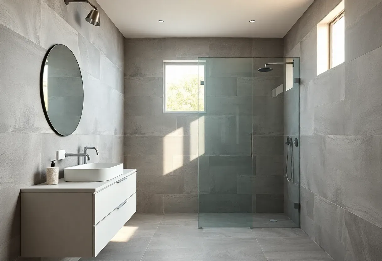 Simple modern bathroom with floating white vanity, matte black faucet, large-format gray tiles, and minimal decor creating a calm spa-like retreat