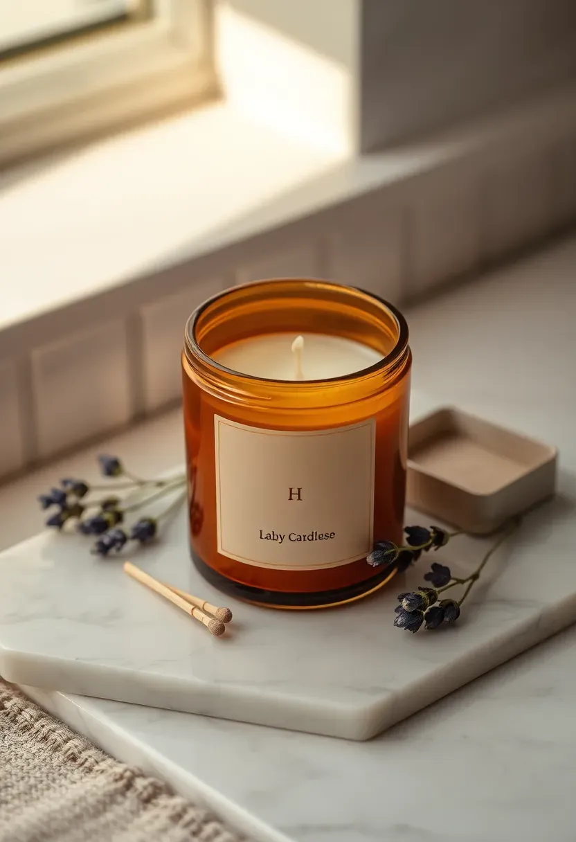 personalized soy candle in amber glass jar with custom baby shower label on marble surface