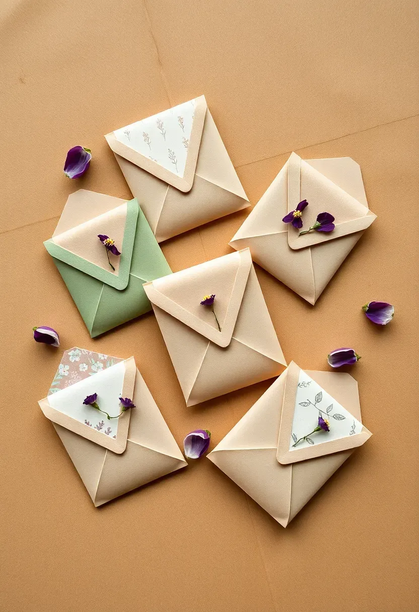 handmade seed packet envelopes with pressed flower decorations arranged on a kraft paper surface