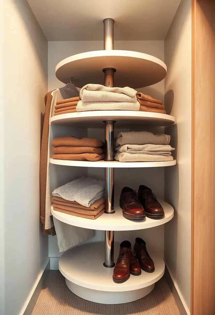 Corner closet carousel unit with rotating circular shelves holding folded clothes and shoes, maximizing a dead corner space in a walk-in wardrobe