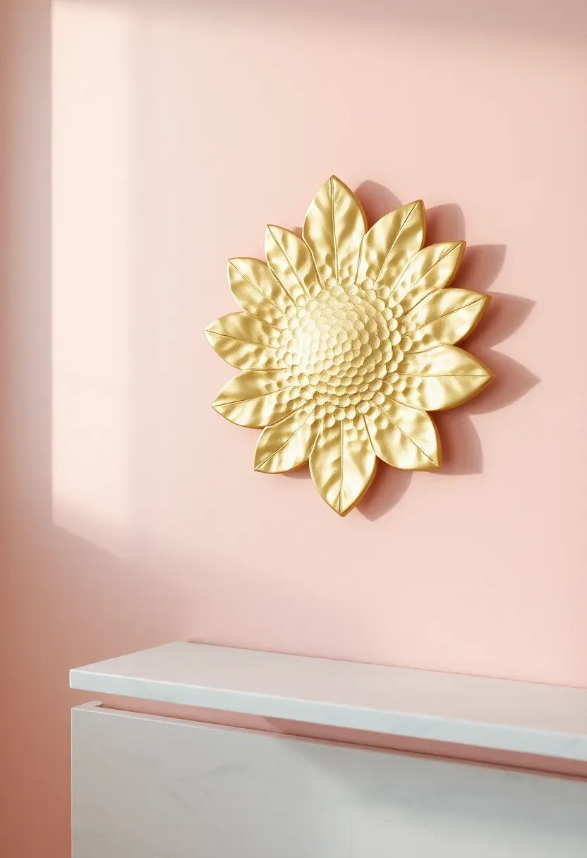 Brushed gold metal leaf-shaped wall medallion with hammered texture mounted on a pale pink bathroom wall