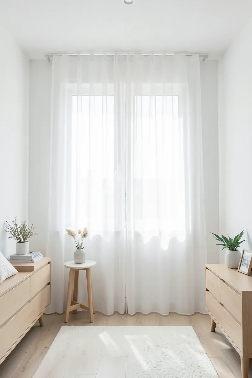 Sheer white floor-to-ceiling curtains hung from ceiling to floor in a small bedroom, creating height and an airy feel