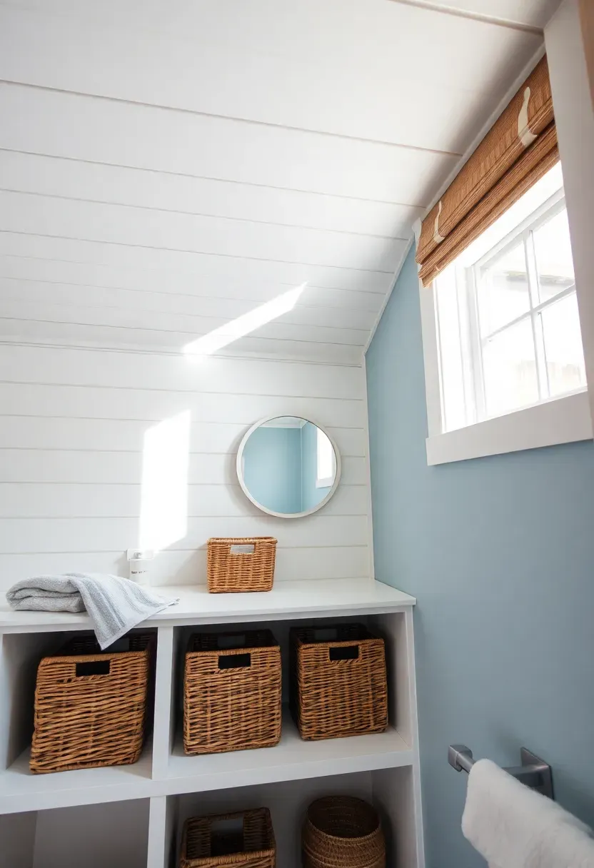 White shiplap ceiling in a coastal bathroom with light blue walls and wicker storage baskets