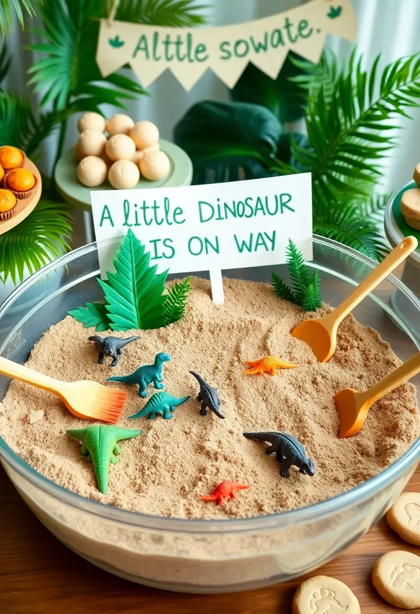 dinosaur dig baby shower party with excavation activity sandbox and dino egg treats