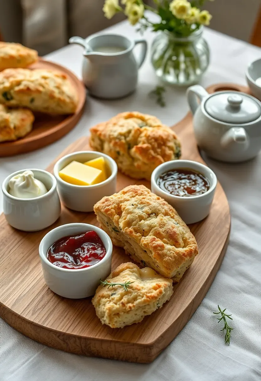 rustic wooden board covered with savory scones alongside butter rosemary jam and small bowls of clotted cream at a brunch party
