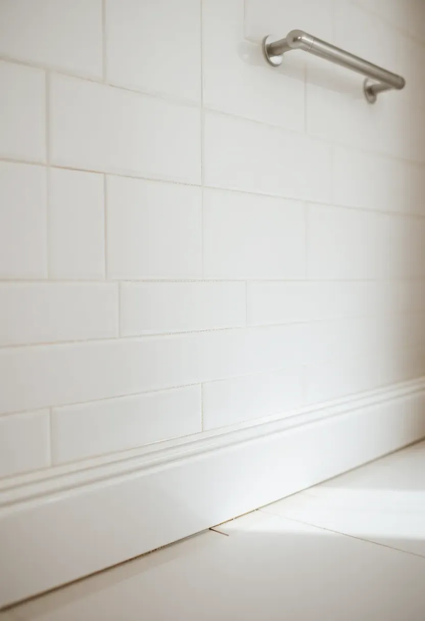 White bullnose tile trim forming a finished baseboard edge along a bathroom floor with subway tile walls above