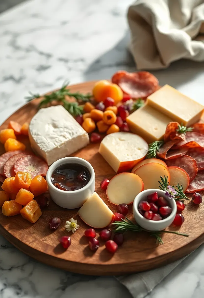 elegant pink peppercorn cheese board with brie, fig jam, dried apricots, and pink flowers on a round wooden board